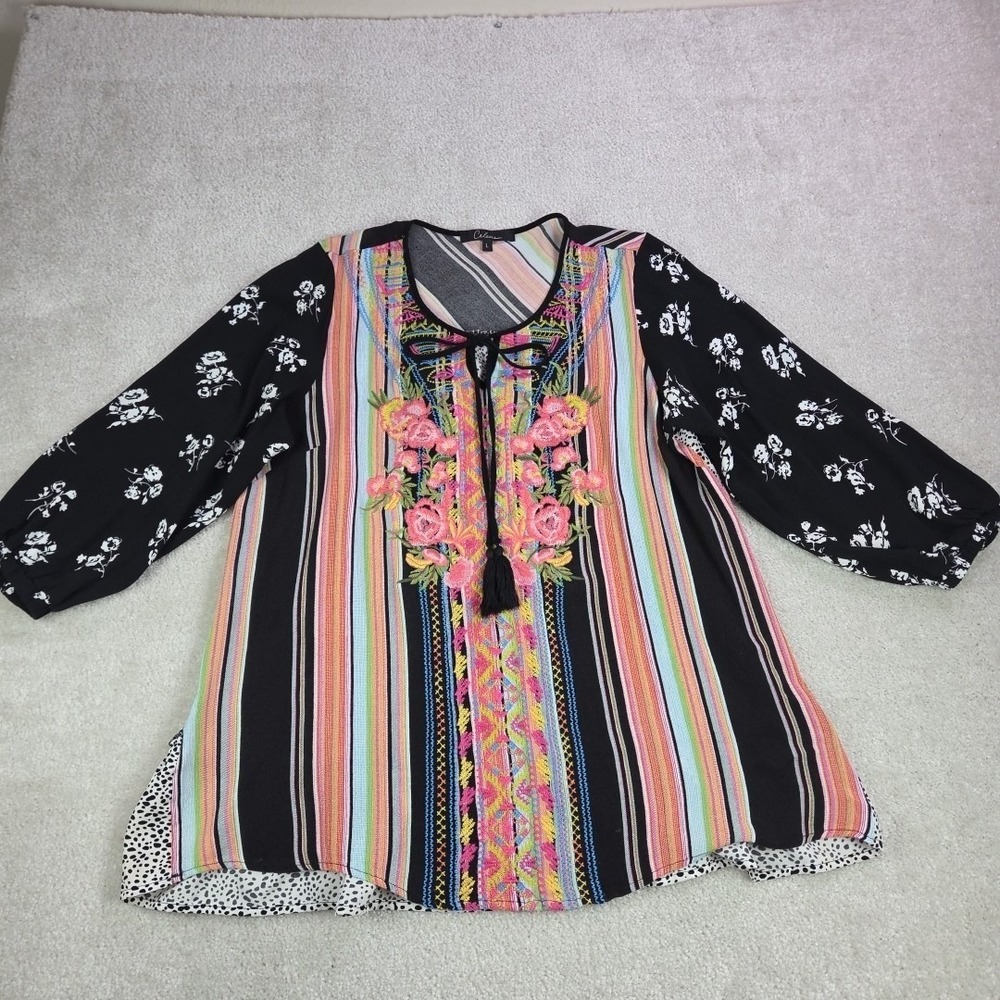 Calessa Boho Tunic‎ Top Womens Size L Embroidered Artsy Mixed Media